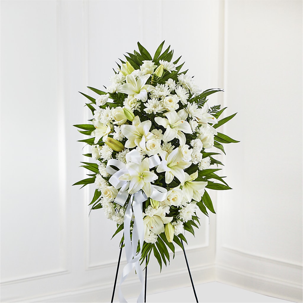 Exquisite Tribute Standing Spray-White Ribbon – Corum Flower Shop, Manchester KY